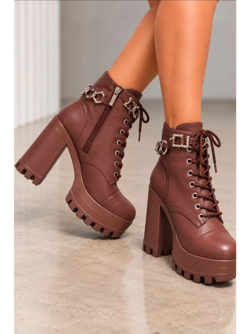 Mocha Brown Platform Lace-Up Combat Ankle Boots Chunky Block Heel Chain Detail